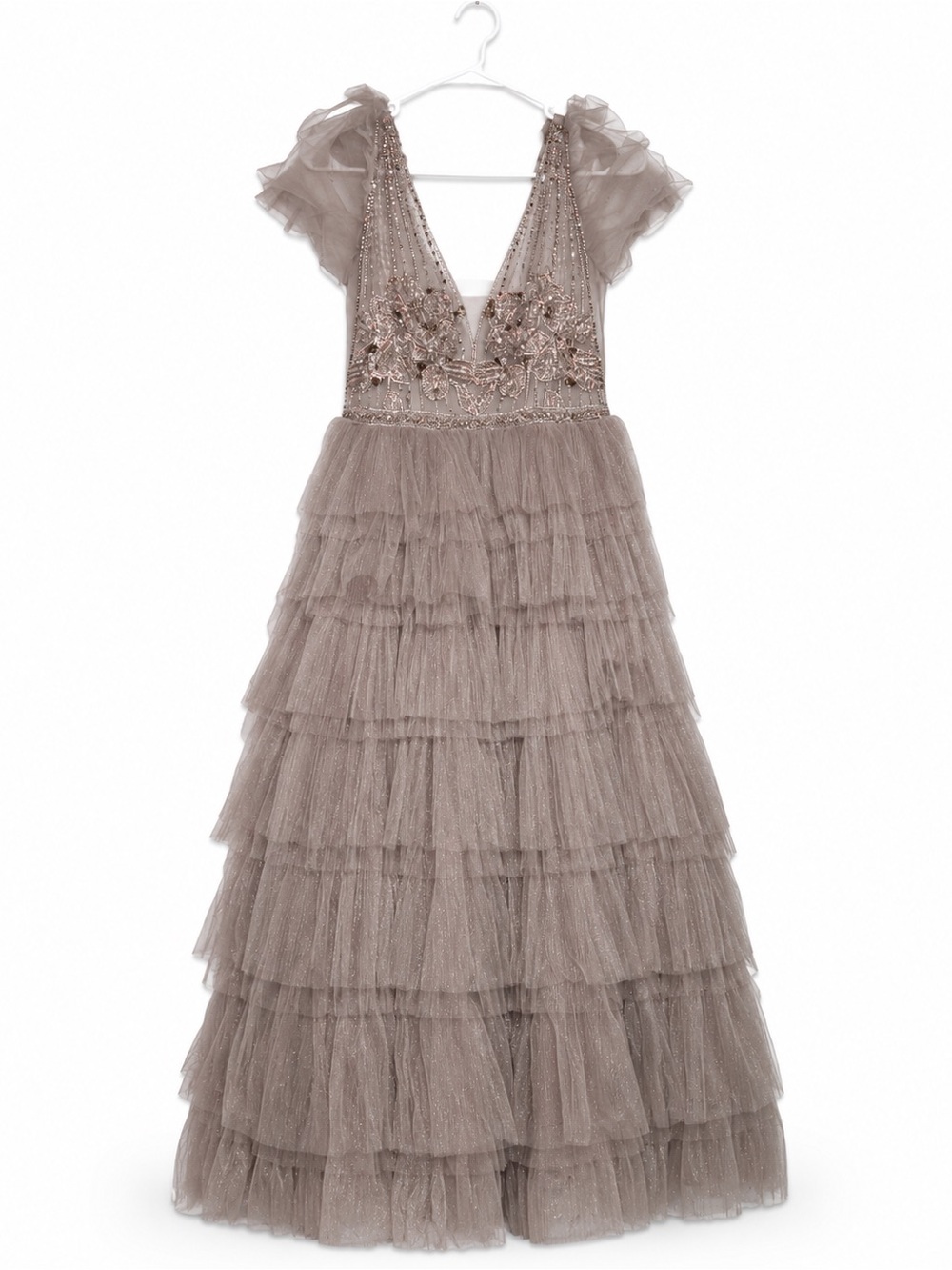 Girls Tiered Tulle Party Dress in Taupe